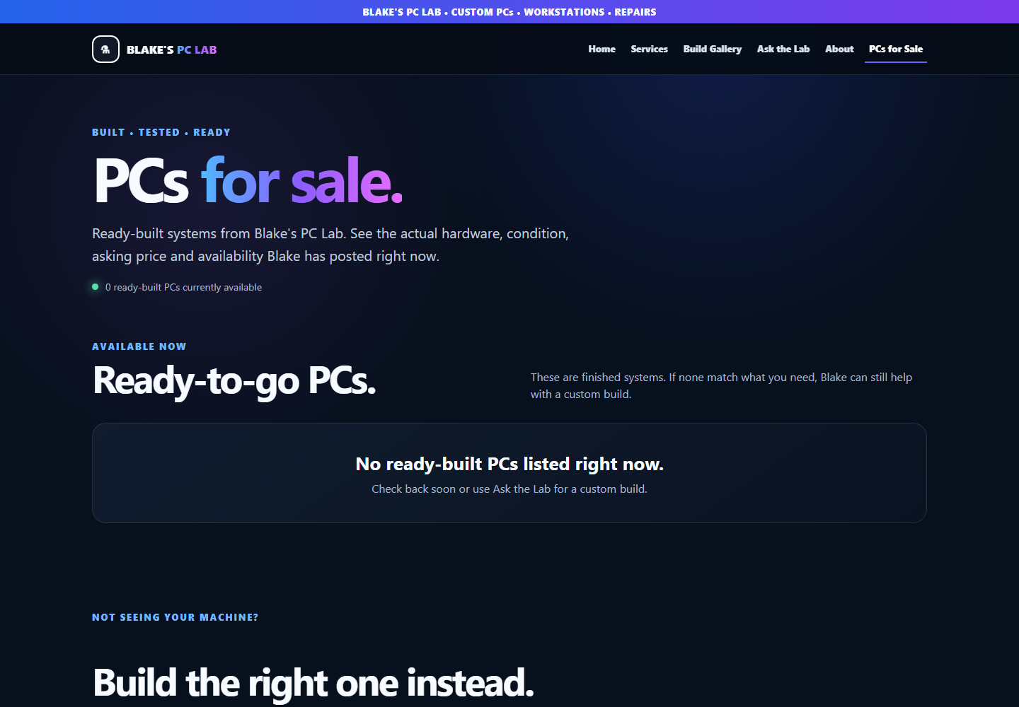 Blake’s PC Lab ready-built PC inventory page