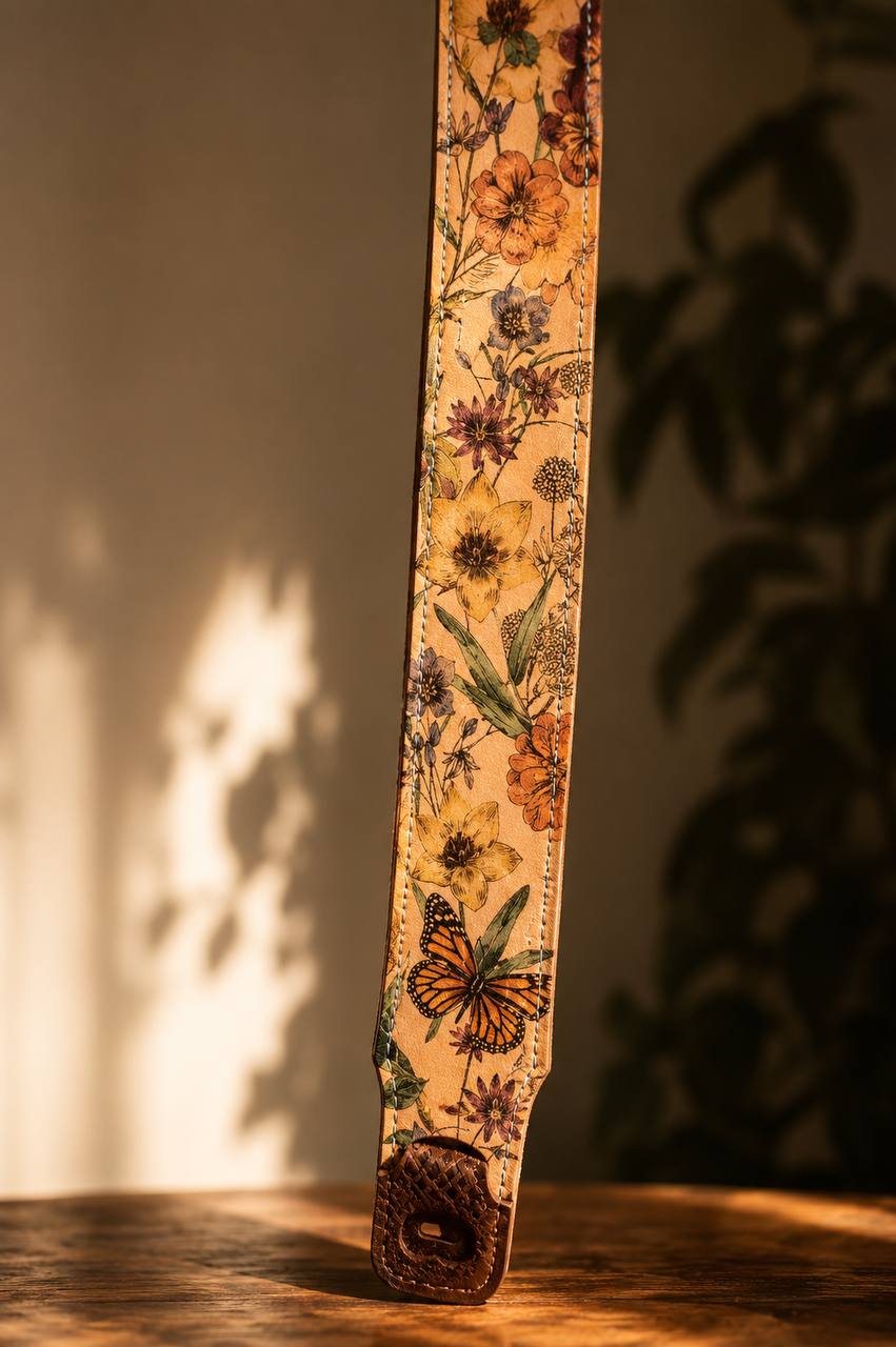 Floral leather guitar strap from the Trotter’s Leather project